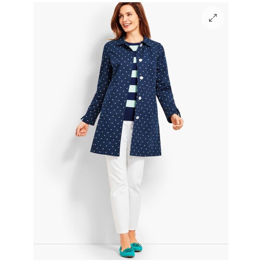 Talbots DOT-PRINT COTTON MAC Navy White Polka Dot Coat trench Womens 12 EUC cute - Picture 5 of 14
